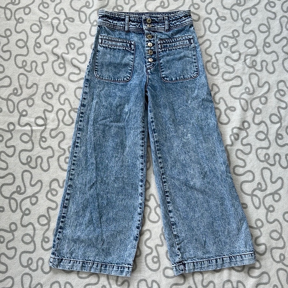 Free People Button-Front Wide Leg Jeans - Light Blue Wash